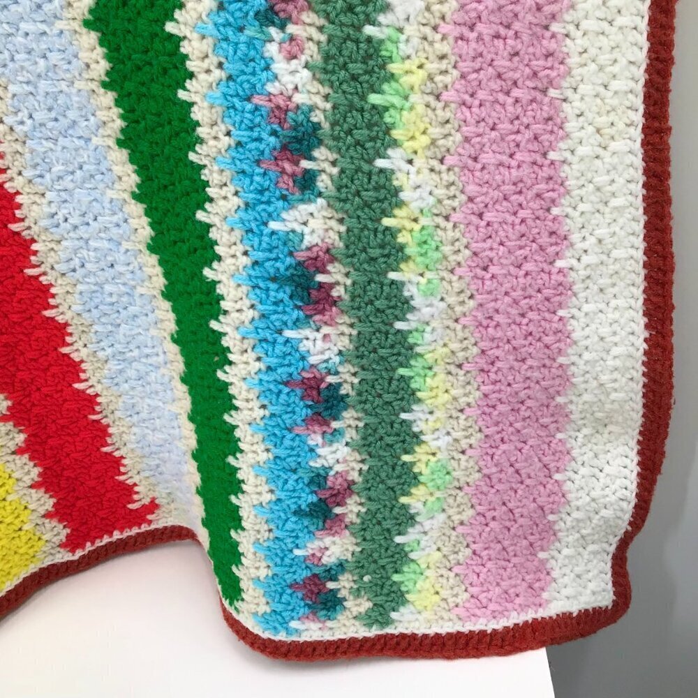 Vintage 1970s Retro Granny Baby Blanket Handmade MCM Colorful Striped Dopamine - Picture 3 of 13